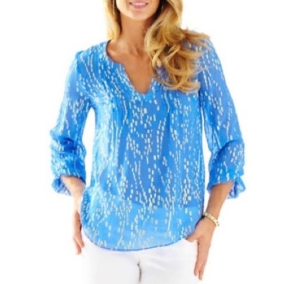Lilly Pulitzer Tops - Lilly Pulitzer Colby Silk Blend Gold Metallic Dot V-Neck Blouse Sheer Blue XS